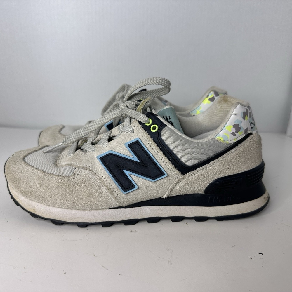 New Balance Womens 574 Running Shoes Rain Cloud Blue Camo Suede Sneaker Size 7.5